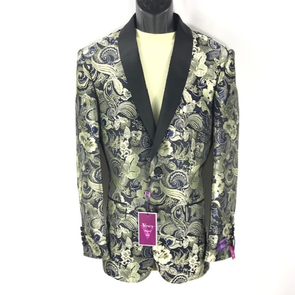 Vinci Men's Blazer Gold Black Paisley Pattern Slim Fit 2 Button Sizes S - 2XL